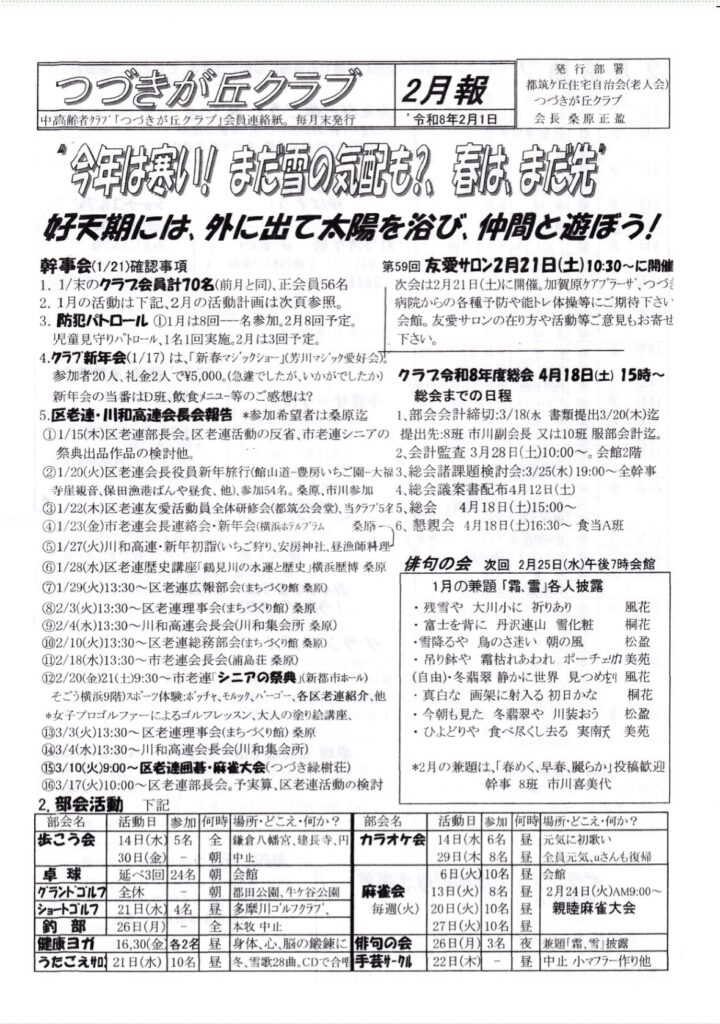 つづきがクラブ 2月報
中高齢者クラブ「つづきが丘クラブ」会員連絡紙。毎月末発行
令和8年2月1日
発行部署
都筑ケ丘住宅自治会（老人会）
つづきが丘クラブ
会長 桑原正盈
好天期には、外に出て太陽を浴び、仲間と遊ぼう！
幹事会（1/21）確認事項
第59回友愛サロン2月21日（土）10:30～に開催
1.1/末のクラブ会員計70名（前月と同）、正会員56名
次会は2月21日（土）に開催。加賀原ケアプラーザ、つづき
2．1月の活動は下記、2月の活動計画は次参照。
病院からの各種予防や能トレ体操等にご期待下さい
3.防犯パトロール ①1月は8回一名参加。2月8回予定。
会館。友愛サロンの在り方や活動等ご意見もお寄せ
児童見守りパトロール、1名1回実施。2月は3回予定。
下さい。
4.クラブ新年会（1/17）は、「新春マジックショー」（芳川マジック愛好会】。
参加者20人、礼金2人で¥5,000。（急遽でしたが、いかがでしたか）
クラブ令和8年度総会4月18日（土）15時～
新年会の当番はD班、飲食メニュー等のご感想は？
総会までの日程
5.区老連・川和高連会長会報告＊参加希望者は桑原迄1、部会会計締切：3/18（水書類提出3/20（木）迄
①1/15（木）区老連部長会。区老連活動の反省、市老連シニアの提出先：8班 市川副会長又は10班服部会計迄。
祭典出品作品の検討他。
2、会計監査3月28日（土）10:00～。会館2階
②1/20（火）区老連会長役員新年旅行（館山道-豊房いちご大福3、総会諸課題検討会：3/25（水）19:00～全幹事
寺産観音、保田漁港ばんや昼食、他）、参加54名。桑原、市川参加4、総会議案書配布4月12日（土）
③1/22（木）区老連友愛活動員全体研修会（都筑公会堂）、当クラブ55、総会
4月18日（土）15:00～
④1/23（金）市老連会長連絡会・新年会（横浜ホテルプラム
桑原一6、懇親会4月18日（土）16:30～食当A
⑤1/27（火）川和高連・新年初詣（いちご狩り、安房神社、昼漁師料理
⑥1/28（水）区老連歴史講座「鶴見川の水運と歴史」横浜歴博原
俳句の会 次回2月25日（水）午後7時会館
⑦1/29（火）13:30～区老連広報部会（まちづくり館柔原）
1月の兼題「霜、雪」各人披露
⑧2/3（火）13:30～区老連理事会（まちづくり館）桑原
・残雪や 大川小に祈りあり
風花
⑨2/4（水）13:30～川和高連会長会（川和集会所 桑原）
・富士を背に丹沢連山 雪化粧桐花
102/10（火）13:30～区老連総務部会（まちづくり館柔原）
・雪降るや鳥のさ迷い、朝の風
松盈
①2/18（水）13:30～市老連会長会（浦島荘 桑原）
・吊り鉢や霜枯れあわれ ポーチェカ美苑
（22/20（金）21（土）9:30～市老連「シニアの祭典（新都市ホール）
（自由）・冬翠静かに世界見つめをり風花
そごう横浜9階）スポーツ体験：ポッチャ、モルック、パーゴー、各区老連紹介、他
・真白な画架に射入る初日かな
桐花
＊女子プロゴルファーによるゴルフレッスン、大人の塗り絵講座、
・今朝も見た冬翡翠や川装おう
松盈
①33/3（火）13:30～区老連理事会（まちづくり館）桑原
・ひよどりや食べ尽くし去る実南天
美苑
3/4（水）13:30～川和高連会長会（川和集会所）
（53/10（火）9:00～区老連囲碁・麻雀大会（つづき緑樹荘）
＊2月の兼題は、「春めく、早春、麗らか」投稿歓迎
103/17（火）10:00～区老連部長会。予実算、区老連活動の検討
幹事 8班 市川喜美代
2.部会活動下記
部会名
活動日
参加 何時場所・どこえ・何か？
部会名
活動日
参加
1何時場所・どこえ・何か？
歩こう会
14日（水）5名
全
鎌倉八。宮、建長寺、円カラオケ会
14日（水6名
昼
元気に初歌い
30日（金
朝
中止
29日（木
8名
昼
全員気、いさんも復帰
卓球
延べ3回 24名
朝
会館
6日（火）10名
昼
会館
グランドゴルフ
全休
朝
都田公園、牛ヶ谷公園
麻雀会
13日火）
8名
昼
2月24日（火）AM9:00～
ショートゴルフ
21日（水）4名
昼
多摩川ゴルフクラブ、
每週（火）
20日（火）
10名
昼
親睦麻雀大会
釣部
26日（月）
全
本牧中止
27日（火）10名
昼
健康ヨガ
16,30（金）各2名
昼
身体、心、脳の鍛錬に
俳句の会
26日（月
3名
夜
兼題「霜、雪」披露
うたごえり】21日（水）
10名
昼
冬、雪歌28曲。CDで合噌：
手芸サークル
22日（木
昼
中止 小マフラー作り他