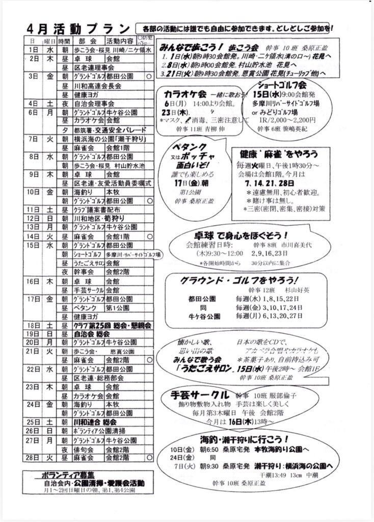 4月活動プラン
日
1曜日時間
部会活動内容
●防犯
●パトロー
1日
水
朝
歩こう会・桜見川崎／二ヶ領水
2日木
昼
卓球会館
昼
区老連理事会
3日
金
朝
グラントゴルフ都田公園
昼
川和高連会長会
昼
健康ヨガ
4日
6日
夜
自治会理事会
朝
昼
グランドゴルフ牛ヶ谷公園
カラオケ会会館
都筑署・交通安全パレード
7日
火
朝
横浜海の公園「潮干狩り」
昼
麻雀会会館1階
8日|水
朝
クラントゴルフ都田公園
朝
歩こう会・桜見村山貯水池
9日|木
朝
卓球会館
昼
区老連・友愛活動員委嘱式
10日金
朝
海釣り
本牧
朝
グランドゴルフ都田公園
〇
11日土
12日
日
13日
月
14日
火
15日
水
昼
クラブ議案書配布
朝
川和地区・筍狩り
朝
グランドゴルフ牛ヶ谷公園
昼
麻雀会会館1階
〇
朝
グラントゴルフ都田公園
朝
ショートゴルフ
多摩川・リバーサイトゴルフ場
昼
うたごえサロン会館
夜
幹事会会館2階
16日
木
朝
卓球
会館
昼
手芸サークル会館
17日金
朝
グランドゴルフ都田公園
昼
ベタンク
第1公園
昼
健康ヨガ
18日|土
19日
日
20日|，月
21日|火
昼
クラブ第25回総会・親会
昼
朝
自治会総会
グランドゴルブ牛ヶ谷公園
朝
歩こう会・
恩賞公園
昼
麻雀会
会館2階
22日水
朝
グランドゴルフ都田公園
昼
区老連・総務部会
23日|木
朝
卓球会館
昼
カラオケ会 会館
24日金
朝
海釣り
本牧
朝
グランドゴルフ都田公園
25日土
26日
日
27日
月
朝
川和連合 総会
朝
ボランティア公園清掃
朝
グランドゴルブ牛ヶ谷公園
28日
火
夜
俳句会
会館2階
昼麻雀会
会館2階
各部の活動には誰でも自由に参加できます。としとしご参加を！
みんなでこう！歯こう会幹事10班原正
1．1日（水）朝9時30会発。川崎・二ヶ水溝の口～）花見へ
2.8日（水）朝9時00会館発。村山貯水池花見へ
3.21日（火）朝時30会館発。恩賞公園花見（チューリップ他）へ
ショートゴルフ会
カラオケ会 一緒に歌おう
6日（月）14:00より会館。
23日（木）、
9
＊マスク、消毒、三密注意し
幹事1班青柳伸
15日（水）9:00会館発
多摩川リバーサイドゴルフ場
or みどりゴルフ場
1R/2,000～2,200円
幹事 6班 笹嶋英紀
ペタンク
又はポッチャ
面白いぞ！
誰でも楽しめる
17日（金）朝
第1公園
#事桑原正盈
健康”麻雀”をやろう
毎週火曜日、午後1時30分～会場は会館1階。今月は7.14.21.28日
*遠慮無用、初心者歡迎。
＊賭け事は無し。
＊三密（密閉、密集、密接）対策
卓球で身心をほぐそう！
会館練習日時：
幹事 8班 市川喜美代
（木）9:30～12:00
2.9,16、23日
＊各開始時間から
30分以内に集合
グラウンド・ゴルフをやろう！
幹事 12班
杉山好英
都田公園
同
牛ヶ谷公園
毎週（水）1、8、15、22日毎週（金）3、10、17、24日毎週（月）6、13、20、27日
触かしい鉄、
日本の歌をCDで、
忘い出の部
アカペラムやカラオケを
みんなで歌う会
*茶菓子あり、自前持込み可
「うたごえサロン．15日（水）午後2時～会館1E
炭歩10班薬原正品
手玉サークル
幹事 10班 服部倫子
飾り物敷物入れ物 手芸は楽しく美しく
毎月第3木曜日 午後 会館2階
今月は16日（木）13時～
海釣・潮干狩りに行こう！
10日（金）
朝6:50 桑原宅発本牧海釣り公園へ
24日（金）
同
7日（火）
朝9:30 桑原宅発潮干狩り：横浜海の公園へ
ボランティア募集
干潮13:49 13cm中潮
自治会内・公園清掃・愛護会活動
幹事 10班 桑原正盈
月1～2回日曜日の朝、第1、第4公園