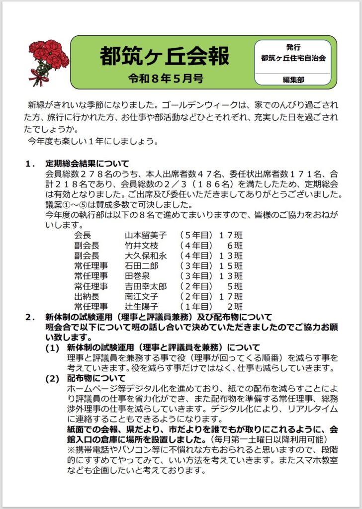 都筑ヶ丘会報
令和8年5月号
発行
都筑ヶ丘住宅自治会
編集部
新緑がきれいな季節になりました。ゴールデンウィークは、家でのんびり過ごされた方、旅行に行かれた方、お仕事や部活動などひとそれぞれ、充実した日を過ごされたでしょうか。
今年度も楽しい1年にしましょう。
1. 定期総会結果について
会員総数27 8名のうち、本人出席者数47名、委任状出席者数171名、合計218名であり、会員総数の2/3（186名）を満たしたため、定期総会は有効となりました。ご出席及び委任いただきましてありがとうございました。
議案①〜⑤は賛成多数で可決しました。
今年度の執行部は以下の8名で進めてまいりますので、皆様のご協力をおねがいします。
会長副会長
副会長
常任理事
常任理事
常任理事
出納長
常任理事
2.新体制の試験運用（理事と評議員兼務）及び配布物について
班会合で以下について班の話し合いで決めていただきましたのでご協力お願い致します。
（1） 新体制の試験運用（理事と評議員を兼務）について
理事と評議員を兼務する事で役（理事が回ってくる順番）を減らす事を考えていきます。役を減らす事だけではなく、仕事も減らしていきます。
（2）
配布物について
ホームページ等デジタル化を進めており、紙での配布を減らすことにより評議員の仕事を省力化ができ、また配布物を準備する常任理事、総務渉外理事の仕事を減らしていきます。デジタル化により、リアルタイムに連絡することもできるようになります。
紙面での会報、県だより、市だよりを誰でもが取りにこれるように、会入口の倉庫に場所を設置しました。（毎月第一土曜日以降利用可能）
※携帯電話やパソコン等に不慣れな方もおられると思いますので、段階的にすすめてやってみて、いい方法を考えていきます。またスマホ教室なども企画したいと考えております。
山本留美子
- （5年目） 17班

竹井文枝
（4年目） 6班

大久保和永
（4年目） 13班

石田二郎
（3年目） 15班

田巻泉
（3年目） 13班

吉田幸太郎
（2年目） 5班

南江文子
（2年目） 17班

辻生陽子
（1年目）2班
