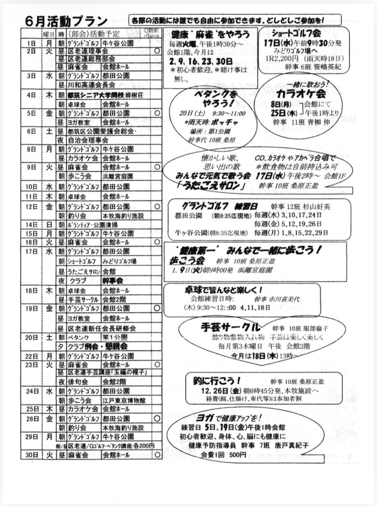 6月活動プラン
1日
2日
曜日
月
灭
時
（部会）活動予定
バトロール
朝
昼
グランドゴルフ 牛ヶ谷公園
区老連理事会
昼
区老運 務部会
昼
麻雀会
会館ホール
3日
水
朝
グランドゴルフ都田公園
各部の活動には誰でも自由に参加できます。としとしご参加を！
健康”麻雀”をやろう
ショートゴルフ会
毎週火曜、午後1時30分～
17日（水）午前9時30分発
会館1階。今月は
みどりゴルフ場へ
2.9.16.23、30日
1R2,200円（雨天時18日）
＊初心者歓迎。＊賭け事は
幹事6班笹嶋英紀
無し。
昼
川和高連会長会
4日
木
朝
都筑シニア大学開校：緑掛荘
朝
卓球会
会館ホール
5日
金
朝
クラントゴルフ
都田公園
昼
目 教室
会館ホール
6日
土
昼
都筑区公園愛護会総会・
夜
自治会理事会
ペタンクをやろう！
20日（土）
9:30~11:00
*雨天時：ポッチャ
場所：第1公園
事代10、豪原
一緒に歌おう！
カラオケ会
8日（月）会館にて
5日（木）午後1時より
幹事 11班青柳伸
8日
月
朝
グランドゴルフ 牛ヶ谷公園
昼カラオケ会
会館ホール
9日
火
昼
＆麻雀会
会館ホール
〇
朝
歩こう会
浜離宮庭園
10日
11日
12日
水
木
金
朝
グランドゴルフ
都田公園
懐かしい解、CD、カラオケやアカペラ合帽で
思い出の数
＊食物は自前持込み可
みんなで元気で歌う会 17日（水）午後2時～会館1F
ようなごえサロン」
幹事10班桑原正盈
朝
卓球会
会館ホール
朝
グランドゴルフ
都田公園
〇
朝
釣り会
本牧海釣り施設
14日
15日
16日
17日
朝
ボランティア・公園清掃
朝
グランドゴルフ 牛ヶ谷公園
昼
麻雀会
会館ホール
水
朝
グランドゴルフ
都田公園
朝
ショートゴルフ
みどりゴルフ場
昼
うたごえサロン」
会館
グラントゴルフ
練習日
幹事12班 杉山好英
都田公園（朝8:35迄現地）毎週（水）3、10、17、24日
毎週（金）5,12、19,26日
牛ヶ谷公園（朝8:35迄現地）
毎週（月）1.8、15、22、29日
・健康縮、みんなで一緒に新こう！
歯こう会
幹事 10班業原正級
1.9日（火）割9時00発浜離宮庭園
夜
クラブ
幹事会
18日
木
朝
卓球会
会館ホール
昼
手芸サークル
会館2階
19日
金
朝
クランドゴルフ
都田公園
卓球で皆んなと楽しく！
会館練習日時：
（木）9:30～12：：00 4、11、18日
静事市川喜美代
昼
ヨガ教室
会館ホール
昼
区老連新任会長研修会
20日：土：朝
1ペタンク
第1公園
夕
クラブ例会・悪親会
22日
23日
月
火
朝
グランドゴルフ
牛ヶ谷公園
手芸サークル
幹事 10班 服部倫子
飾り物敷物入れ物手芸は楽しく美しく
每月第3木曜日 午後 会館2階
今月は18日（木）13時～
昼麻雀会
会館ホール
〇
昼
区老連手芸講座「玉編の帽子」
夜俳句会
会館2階
24日
水
朝
グラントコルフ
都田公園
朝
歩こう会
江戸東京博物館
釣に行こう！
幹事 10班 桑原正盈
12、26日（金）朝6時45分発、本牧施設へ経費（餌、仕掛け、車代等）は参加者制
25日：木
26日：金
昼
カラオケ会
会館ホール
朝
グランドゴルフ
都田公園
朝
釣り会
本牧海釣り施設
29日
月
朝
グランドゴルフ 牛ヶ谷公園
朝/昼区老連／Gゴルフ・ベタンク講座：各200円
30日
火
昼麻雀会
会館ホール
ヨガで健康アップを！
練習日 5日、19日（金）午後1時会館
初心者歓迎、身体、心、脳にも健康に
健康予防指導員幹事 7班 唐戸真紀子
会費1回500円
