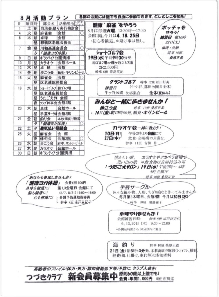 日
4
7
9
10
13
14
18
19
20
21
22
25
26
27
30
8月活動プラン
曜日時
土
朝
火
木
昼
朝
昼
金昼
夕
日
月
木
金
火
朝
昼
昼
朝
昼
昼
水
朝
昼
昼
夜
木
朝
昼
金
朝
自治会：祭り実行検討会
麻雀会会館
卓球
会館
都筑区老連会長会
川和高連会長会
「健康ヨガ体操」
ボランティア公園清掃
カラオケ
会館ホール
卓球
会館
歩こう会
鶴見・キリンビール
麻雀会会館
区老連総務部会
ショートゴルフ線ゴルフ場
区老連広報部会
うたごえサ会館
クラブ幹事会会館2階
卓球
会館ホール
手芸サークル会館2階
釣り会
本牧海釣り施設
「健康ヨガ体操」
暑気扱 期親会麻雀会
会館
俳句会会館2階
歩こう会
府中。サントリービール
カラオケ
会館ホール
ボランティア公園清掃
O
土
火
夕
夕
昼
水
木
日
夜
朝
昼
朝
各部の活動には誰でも自由に参加できます。としとしご参加を！
〇防犯
健康”麻雀”をやろう
ボッチャき
8月は毎週火曜、13:30時～17:30
やろう！
会館1階。今月は4、18、25日
練習日朝10時
・初心者歓迎。＊賭け事は無し。
22日（土）
都所：会館
ショートゴルフ会
幹事10班
19日（水）午前9時30分発
桑原正盗
緑ゴルフ場orケ丘ゴルフ場
2R2,500円
幹事 6班 笹島英紀
グラントコルク
幹事12班杉山好英
練習日
（牛ヶ谷、都田公園共全休）
牛ヶ谷公園 ・8:45集合
全体（夏休み）
みんなと一緒に抜きませんか！
歯こう会
栄事10桑原正品
1.14日（金）朝10時00発。鶴見・キリンビール
カラオケ会一緒に歌おう！
10日（月］
午後2時より会館にて
27日（木）
飲食・会場費の用意を。
幹事 11班青柳伸
懐かしい部、カラオケやアカペラ合噌で
思い出の歌＊政費物は自前持込み可
1うだご達サロン」19日（水）午後2時～4時
4時会館IF
龄事10班桑原正盈
あなたも参加しませんか？
「健康ヨガ体操」
会費1回 500円
身体を健康に！
第1,3金曜日会館にて
脳も健康に！
（8/7.8/21）15:00～16:00
心も健康に！
手芸サークル、
色々な編み物、人形、ちぎり絵など作ってみませんか毎月第3木曜日、会館2階 今月は20日（木）
遊事 10班 服部倫千
卓球やりませんか！
会館練習日時：
学事8班 市川喜美代
6、13、20日（木）
9:30~12:00
＊各開始時間から30分以内に集合
海釣り
幹事10班 桑原正盈
21日（金）朝6時40分発、本牧海釣り施設（シコイワシ、鯵値経費（餌、仕掛け、車代等）は参加者割
高齢者のフレイル（体力・気力・認知機能低下等）予防に、クラブス会を！
つづきクラブ 新会員募集中
1原則60歳以上誰でも！
会費：年間1.000円 8班 市川迄