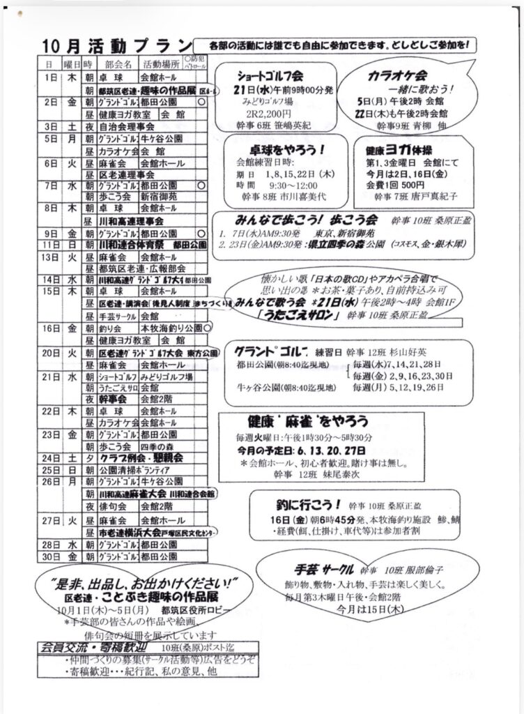 10月活動プラン
各部の活動には誰でも自由に参加できます。としとしご参加を！
〇防犯
日
曜日時
部会名
活動場所バトロール
1日|木
朝
卓球
会館ホール
ショートゴルフ会
カラオケ会
朝都筑区老連・趣味の作品展 区
21日（水）午前9時00分発
一緒に歌おう！
2日
金
朝グランドゴル：都田公園
みどりゴルフ場
5日（月）午後2時 会館
昼健康ヨガ教室会館
2R2,200円
22日（木）も午後2時会館
3日
土
夜
自治会理事会
幹事6班 笹嶋英紀
幹事9班 青柳伸
5日
月
朝グランドゴル：牛ヶ谷公園
昼カラオケ会会館
卓球をやろう！
健康ヨガ体操
6日
火
昼麻雀会会館ホール
会館練習日時：
第1.3金曜日会館にて
昼区老連理事会
期日 1.8、15、22日（木）
今月は2日、16日（金）
7日
水
朝グラントコル】都田公園
時間
9:30~12:00
会費1回 500円
朝
歩こう会
新宿御苑
幹事8班 市川喜美代
幹事 7班唐戸真紀子
8日：
朝卓球
会館ホール
昼
川和高連理事会
みんなで歩こう！歯こう会
幹事10班 桑原正盈
9日
金
11日
日
朝グランドゴル］都田公園
1．7日（水）AM9:30発東京、新宿御苑
朝山和連合体育祭 都田公園
2.23日（金）4M9:30発：県立四季の森公園（コスモス、金・銀木犀）
13日
火
昼1
麻雀会
会館ホール
14日
水
昼
都筑区老連・広報部会
15日
木
朝
川和高連グランドゴル7大都田公園
懐かしい歌「日本の歌CD」やアカペラ合で
卓球
会館ホール
思い出の品＊お茶・菓子あり、自前持込み可
区老連・講演会「後見人制度ほちづくれみんなで歌う会 ＊21日（水）午後2時～4時会館1F
昼
手芸サークル会館
「うたごえサロン」幹事10班薬原正益
16日
金
朝
釣り会
本牧海釣り公園◎
昼
健康ヨガ教室会館
20日：
火
朝区老グランドゴル7大会 東方公園
グランドゴル：練習日幹事12班杉山好英
昼麻雀会
会館ホール
21日
水
都田公園（朝8:40迄現地）
「毎週（水）7、14、21、28日
朝ショートゴルフ みどりゴルフ場
［毎週（金）2、9、16、23、30日
朝うたごえサロ会館
牛ヶ谷公園（朝8:40迄現地）
毎週（月）5、12、19、26日
夜幹事会
会館2階
22日
木
朝卓球
会館ホール
昼カラオケ会会館ホール
健康”麻雀”をやろう
23日
金
朝グランドゴル］都田公園
毎週火曜日：午後1時30分～5時30分
朝」歩こう会
四季の森
今月の予定日：6.13、20.27日
24日
土
タクラフ例会・悲親会
＊会館ホール、初心者歓迎。賭け事は無し。
25日
日
朝｜公園清掃ボランティア
幹事 12班 妹尾泰次
26日
月
朝グランドゴル】牛ヶ谷公園
朝川和高速麻雀大会 川和連合会館
夜俳句会
会館2階
釣に行こう！幹事10班桑原正盈
27日|火
昼
麻雀会
会館ホール
16日（金）朝6時45分発、本牧海釣り施設鯵、鯖
市老連横浜大会戸塚区民文化センター）
・経費（餌、仕掛け、車代等）は参加者割
28日
水
朝
1グランドゴル：都田公園
30日
金
朝グランドゴル］都田公園
“是非、出品し、お出かけください！”
区老連・ことぶき趣味の作品展
10月1日（木）～5日（月）都筑区役所ロビ＊手芸部の皆さんの作品や絵画、
俳句会の短冊を展示しています
会員交流・寄橋翻迎
10班（桑原）ポスト
・仲間づくりの募集（サークル活動等）広告をどうぞ
・寄稿歓迎・・・紀行記、私の意見、他
手芸サークル#10班服部倫子
飾り物、敷物・入れ物、手芸は楽しく美しく。
毎月第3木曜日午後・会館2階
今月は15日（木）
